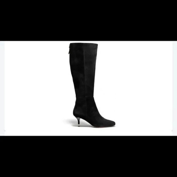 - Coach Women Fayth Black Suede Gold Zipper Kitten Heel Tall Boots - Picture 3 of 8